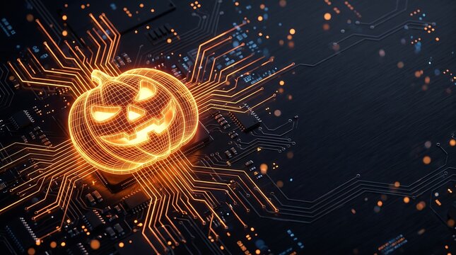 Futuristic Halloween concept background showcasing an abstract cyber Jack o' lantern made of glowing neon orange circuit lines and fiber optics on a dark background with copy space.