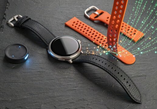 Modern smartwatch with interchangeable leather and orange silicone straps