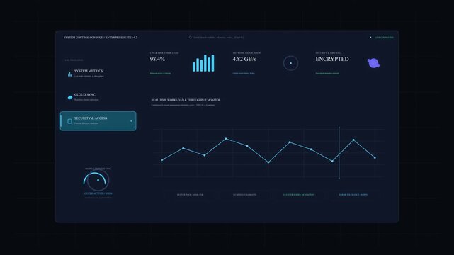 Motion graphic animation of a futuristic dashboard interface with glowing charts and data visualization elements on a dark background, representing technology and analytics