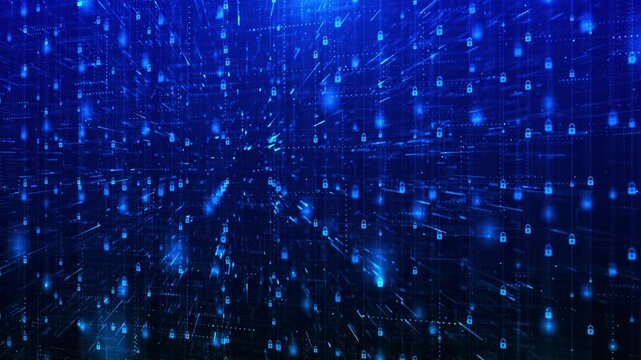 Numerous glowing lock icons appear digital data environment, protected networks encrypted access. cyber defense, secure platforms, authentication, privacy, enterprise cloud protection online security