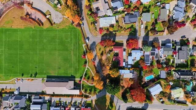 Aerial shots of New Zealand, the colorful Arrowtown houses in autumn