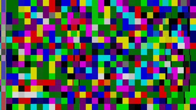 Digital television test screen with colorful pixelated grid pattern glitch error artifact transmission signal glitching
