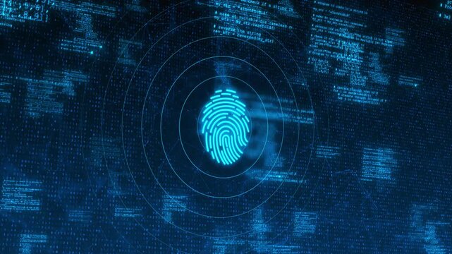 Futuristic fingerprint interface glows computer code, circular scanning . identity protection, secure access, digital authentication, financial technology, privacy cyber defense biometric verification