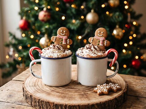 Two mugs of frothy hot cocoa topped with marshmallows and candy canes sit on rustic wooden plank near.