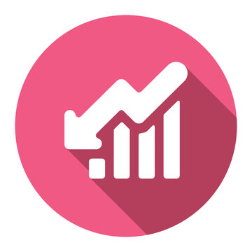 Downward Trend Icon. A pink circular icon featuring a white graph with a descending arrow, symbolizing a decline or negative trend, with a soft shadow.