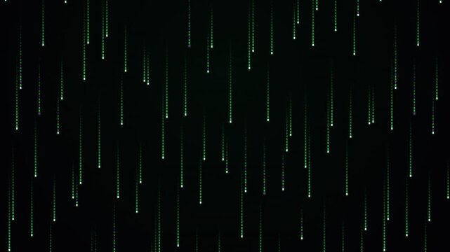 Digital matrix rain data code flowing down on a dark background with bright glowing green light elements