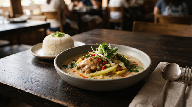  Rich coconut chicken curry with lemongrass, ginger, chilies, fresh herbs, and steamed rice served in a cozy restaurant.