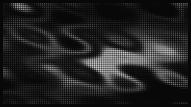 Abstract black and white halftone dot pattern background featuring dynamic wavy grid curves and modern pixel point textures
