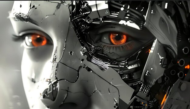 Humanoid Robot with Big Eyes in Dark Space 3D Render
