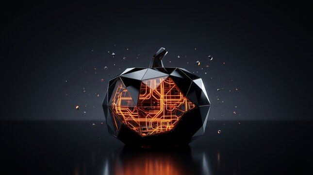 Premium 3D low poly pumpkin made of dark glass facets with illuminated orange internal circuits, resting on a reflective digital surface with copy space.