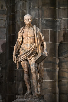 Statue of Saint Bartholomew flayed inside Milan Cathedral, Italy