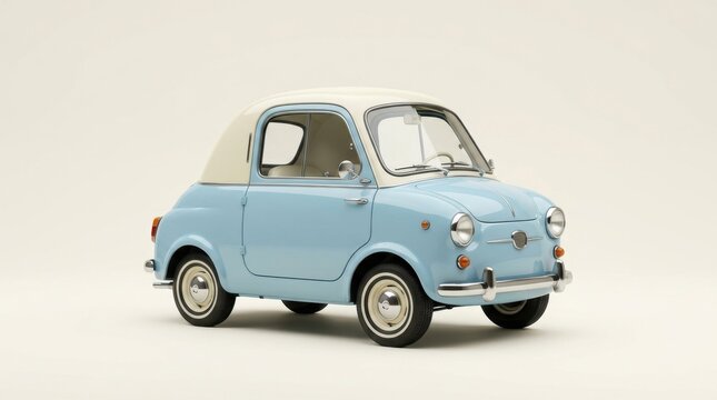 Light blue vintage microcar parked in a studio against a plain background