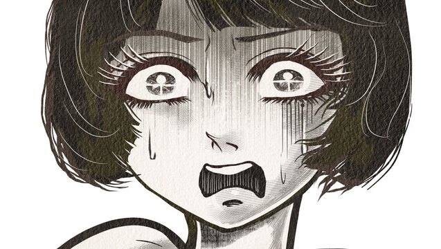 戦慄し絶叫する昭和レトロなホラー漫画風の黒髪白目の女性主人公	