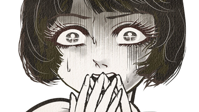 戦慄し絶叫する昭和レトロなホラー漫画風の黒髪白目の女性主人公	