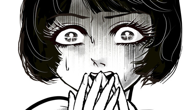 戦慄し絶叫する昭和レトロなホラー漫画風の黒髪白目の女性主人公	