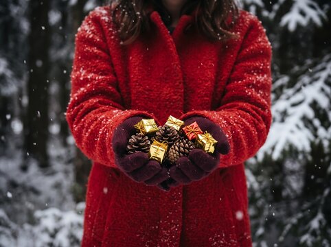 Woman in red coat holds warm beverage during winter while standing in snowy forest under pine trees.