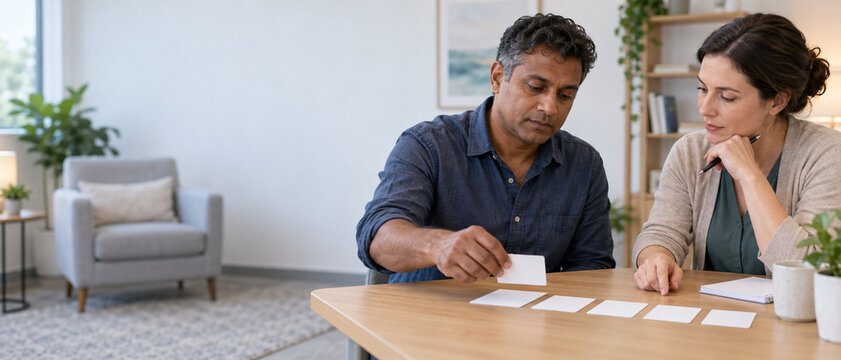 Middle-aged Indian man and Caucasian woman in therapy session discussing exposure hierarchy with cards on table, cognitive behavioral therapy