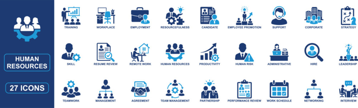 Human resources solid icon set featuring recruitment, hiring, employee training, career development, performance review, teamwork, leadership, workplace management and corporate staffing concepts