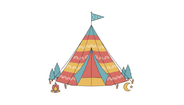 Beautifully decorated tipi tent surrounded by miniature pine trees, a campfire, and a crescent moon in a camping scene.