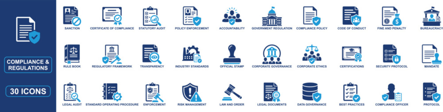 Compliance and regulations solid icon set featuring corporate governance, legal audit, risk management, data governance, policy enforcement, standards, certifications and business law symbols