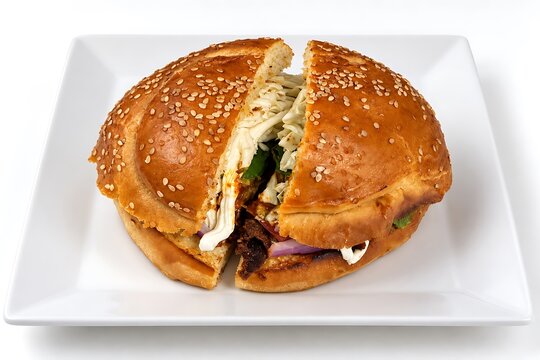 Mexican cemita sandwich with meat, cheese, avocado and sesame bun