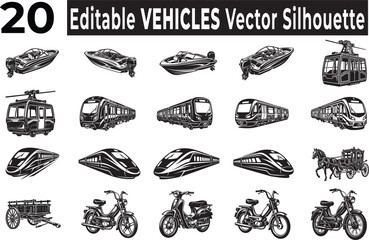 Obraz premium Set of 20 editable vehicle vector silhouettes featuring various boats trains motorbikes and carriages for transportation design and travel graphics collection