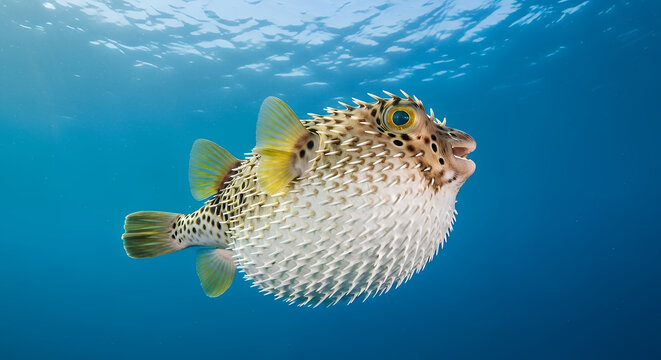 Porcupine pufferfish swimming in clear blue tropical ocean water with natural sunlight illumination.