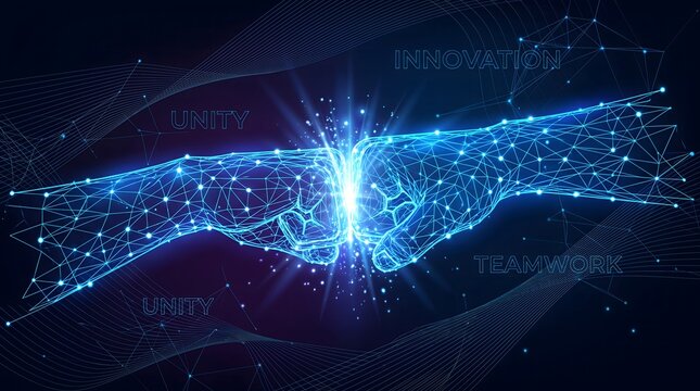 Digital handshake connecting blue glowing networks and data points