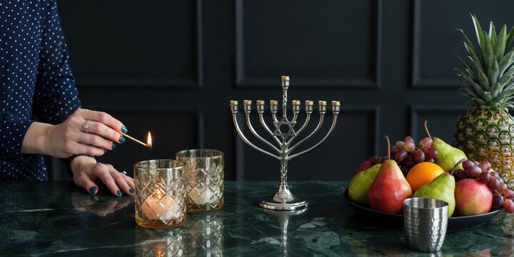 Hanukkah menorah lighting. Woman lighting candles. Silver candelabrum with fresh fruit