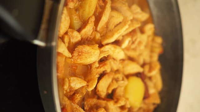 Cooking chicken and potatoes on frying pan, stirring with spatula, close-up shot, meal preparation.