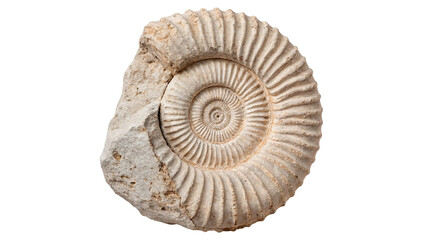 Natural brown ancient fossil ammonite shell mineral stone isolated on transparent background. © Lewis