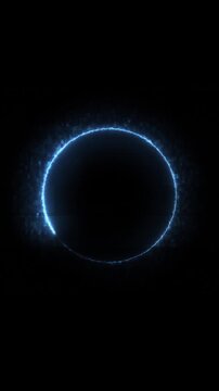 Electric blue circular light forms futuristic ring digital particles background. technology intros logo reveals, portals, transitions, energy effects cyber graphics, science fiction scenes backgrounds