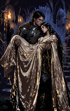 Dark fantasy romance book cover illustration, warrior knight in armor carrying swooning woman down gothic castle stairs, dramatic torchlight.