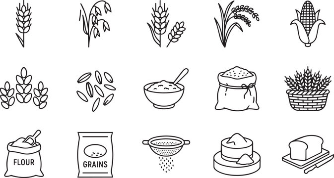 Cereal crops and grain products outline icon set in black and white line design.