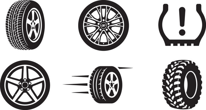 Car tire wheel and pressure warning system black glyph icon set.
