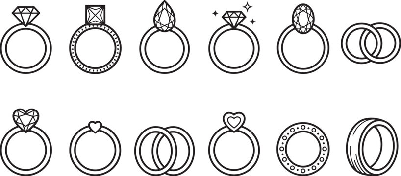 Set of ring icons with diamonds and wedding bands in linear vector style for jewelry store branding or marriage celebration invitations.