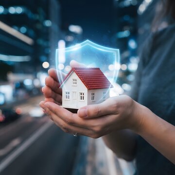 A person holding a small model house in their hands with a glowing digital protection shield icon hovering above the roof structure