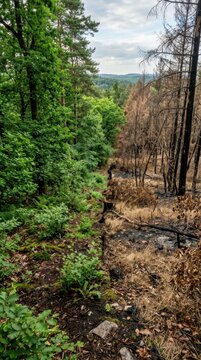 Forest Landscape Divided Between Lush Green Growth and Fire-Ravaged Destruction