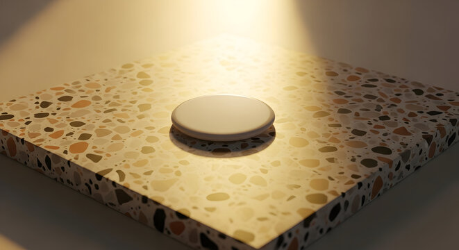 Illuminated Circular Object on Unique Terrazzo Surface Highlighting Minimalist Interior Design Elements