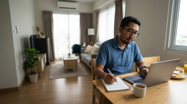 Southeast asian man working remotely on a laptop and taking notes at a dining table in an apartment