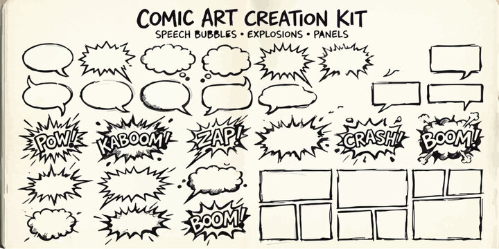 Comic art creation kit featuring speech bubbles and explosion shapes design elements hand drawn sound effects pop art panel frames illustration dialogue template collection narrative