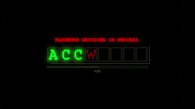 Password decoding interface shows red characters progress status cyber attacks, hacking attempts, credential theft, authentication risk, privacy breaches, unauthorized access digital security threats.