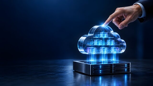 Businessman s finger touching glowing cloud icon with servers and data storage stacks representing cloud computing and digital transformation