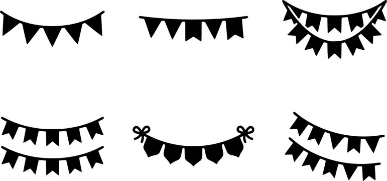 A collection of six hand drawn black bunting flags and decorative party garlands for festive celebration designs