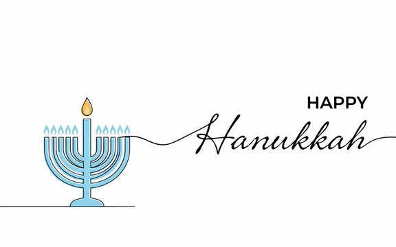 Hanukkah menorah vector illustration. Blue menorah with glowing flame and greeting text
