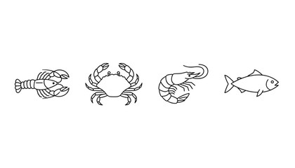Fototapeta premium Minimalist black outline icons of common seafood types including a lobster crab shrimp and fish on a white background.