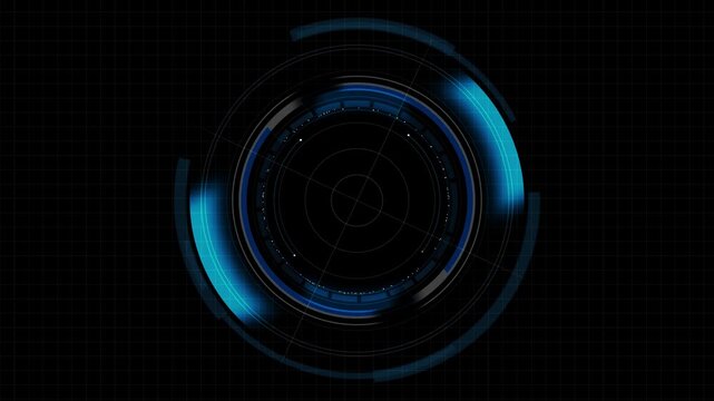Blue radar style scanner rotates a dark grid interface, navigation, target detection, telemetry, satellite tracking, monitoring, precision analysis, command dashboards futuristic sensor technology.