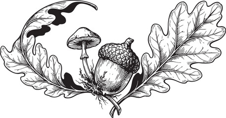 Single brown acorn with a small mushroom and autumn leaves on forest floor © Jannatul