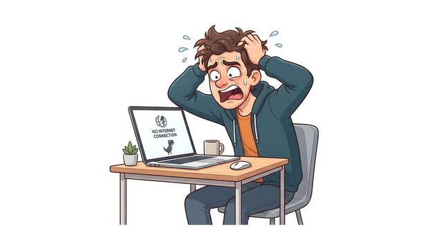 Stressed man sitting at a desk feeling frustrated with a slow internet connection isolated on white background