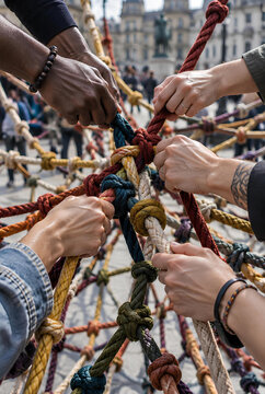Diverse hands holding colorful ropes, teamwork and unity concept